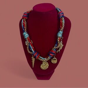 Nautical Red Blue Rope Charm Gold Necklace